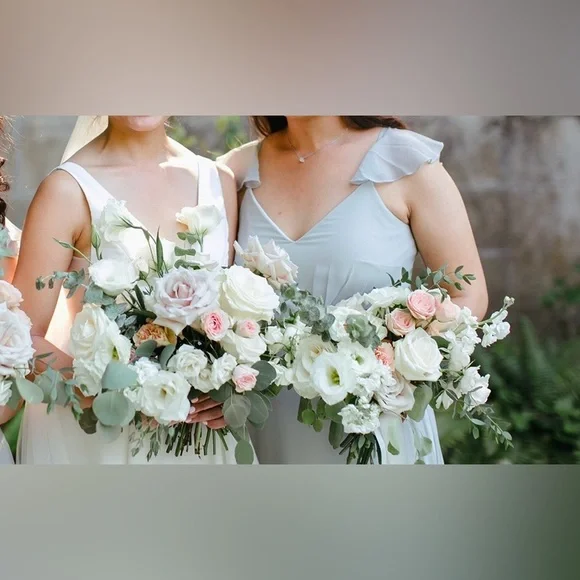 Birdy grey dove grey bridesmaid dress with fluttery cap sleeves (hemmed to ~5’4) - Picture 2 of 7